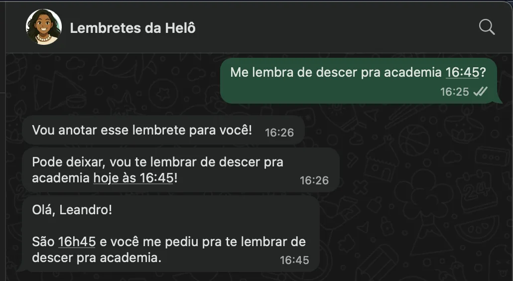 Exemplo de conversa no WhatsApp com a Helô criando um lembrete